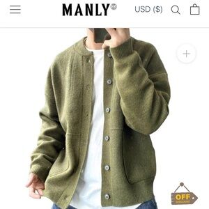 MANLY Olive Green Men's Wool Blend Cardigan